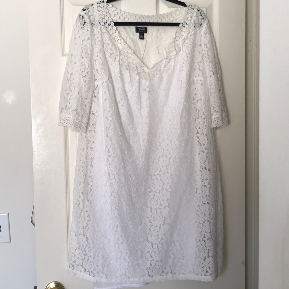 White lace shift dress with underlay